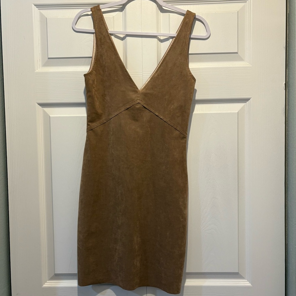 Aritzia Wilfred Free brown tan faux leather suede v-neck sleeveless dress 2